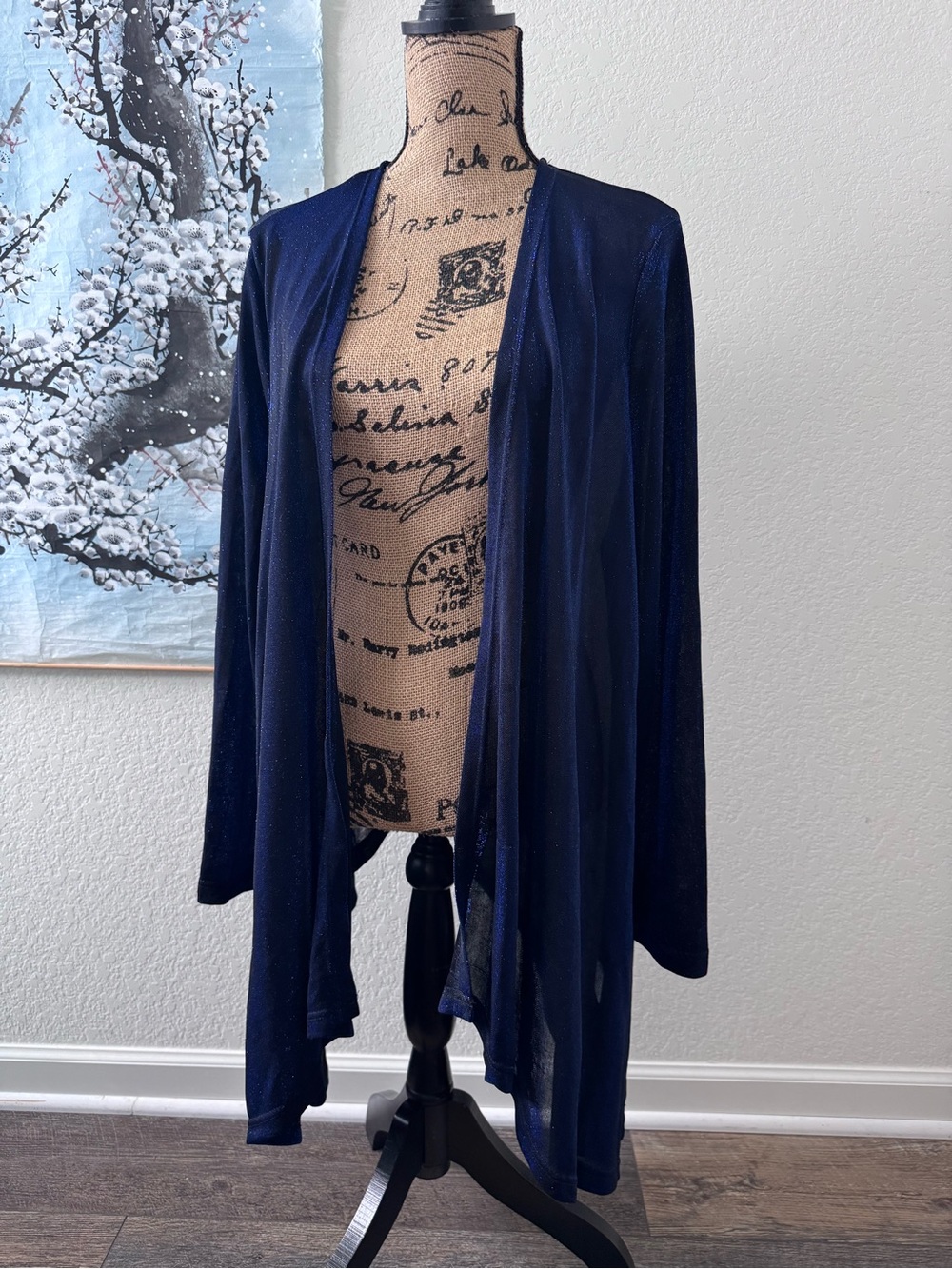Agnes Orinda Metallic Navy Blue Shimmer Draped Open Cardigan 2X